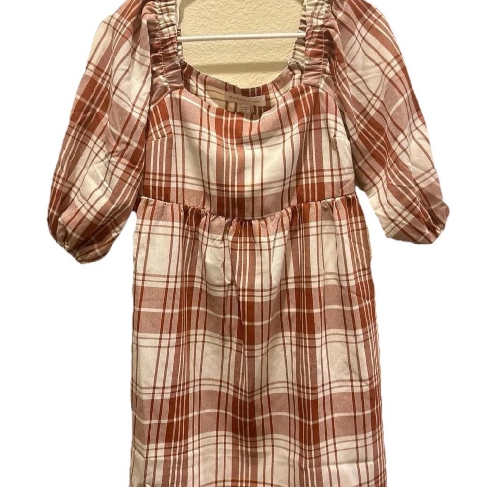 🆕Monteau Casual Baby Doll Plaid Dress W 1/2. Puff Sleeves Cream/Rust Brown Small - Picture 3 of 5